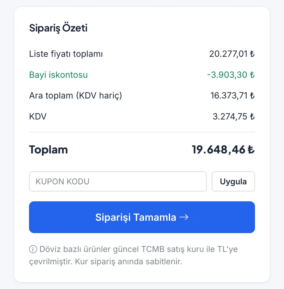 Sepet özeti, bayi iskontosu ve kupon alanı