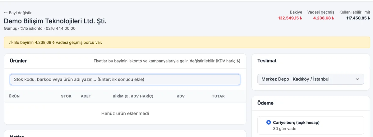 Telefon siparişinde bayi bakiye ve limit özeti